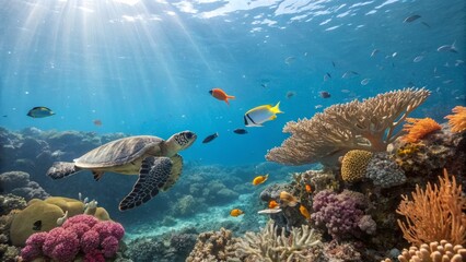 Sunlit Coral Reef with Sea Turtle Underwater Composition, Vibrant Marine Life, Tranquil Ocean Scene, Coral, Fish, Turtle Coral Reef, Underwater Photography