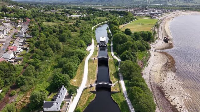 Drone shot of Caledonian Canal in Corpach near Fort William, Scotland, UK
