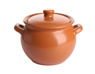 A traditional clay pot with a lid, used for cooking and storing food, with a classic and rustic design.