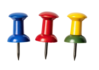 Three colorful pushpins,  blue, red, and yellow-green,  isolated on black