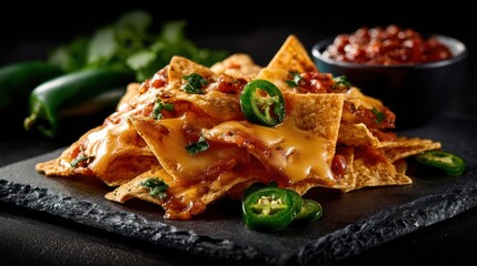 Nachos piled high with cheese, salsa, and jalape?os on slate