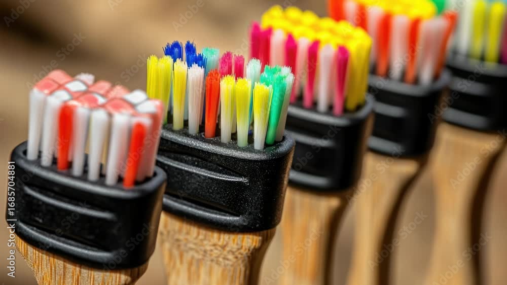 Poster a row of toothbrushes with different colored handles, organized on a shelf
