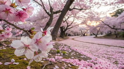 Sunrise Cherry Blossom Path Close-up Macro Composition, Pink Petals, Spring Bloom, Japan Cherry Blossoms, Spring Landscape