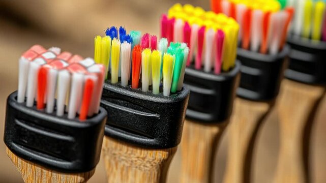 A row of toothbrushes with different colored handles, organized on a shelf
