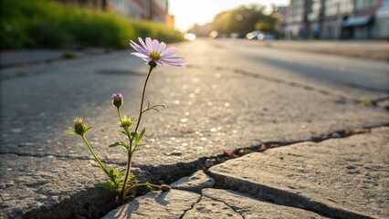 Sunrise Flower in Crack Close-up Composition, Urban Setting, Resilience Concept Keywords Perseverance, Nature