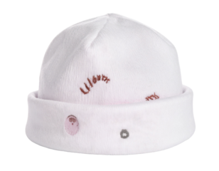 A white baby bonnet with a frilled edge, ideal for protecting a baby's head and adding a cute touch.