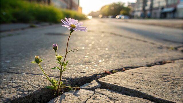 Sunrise Flower in Crack Close-up Composition, Urban Setting, Resilience Concept Keywords Perseverance, Nature