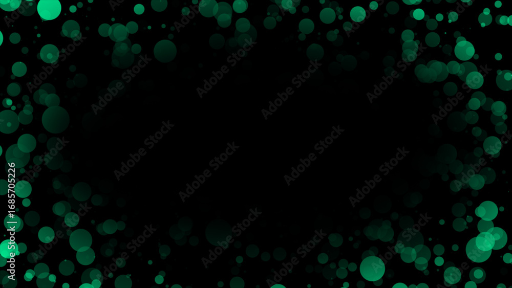 Poster turquoise color particles frame with empty space on black background