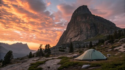 Sunset Campsite Dramatic Mountain Landscape Photography, Wide Composition, Tent, Fiery Sky, Adventure,Nature Photography Camping, Landscape