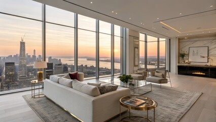 Sunset Cityscape Living Room Modern Interior Design with Floor-to-Ceiling Windows,Luxury Apartment, NYC Views, Luxury Apartment,Interior Design