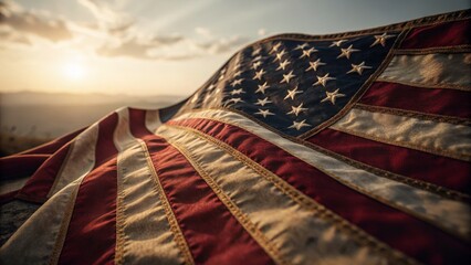 Sunset Draped American Flag Close-up Composition, Patriotism Concept, Stars and Stripes, National Pride Patriotism, American Flag