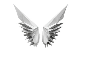 Abstract, geometric wings in white.  A stylized, 3D design of  wings, composed of angular,faceted shapes.  The wings have a sharp, modern aesthetic,  against a plain black background