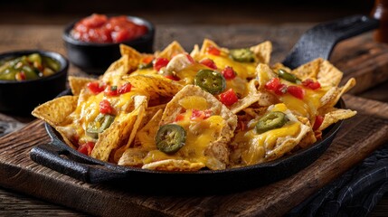 Crispy nachos with melted cheese, jalape?os, and tomato, in a black skillet