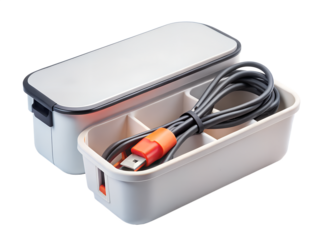 Modern portable lunch box with cable organizer, isolated on transparent background