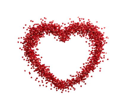 A heart-shaped frame composed of numerous tiny, red, heart-like particles
