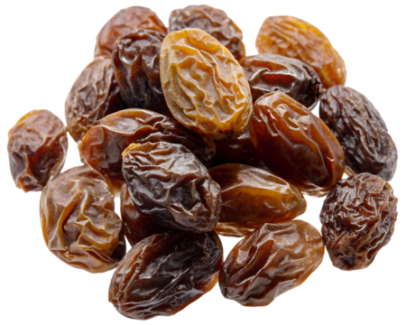 Gros plan de raisins secs bruns et dorés, texture ridée et luisante.