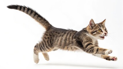 Tabby Kitten in Mid-Leap Dynamic Composition, White Background, Playful Concept, Kitten Photography pet photography, feline