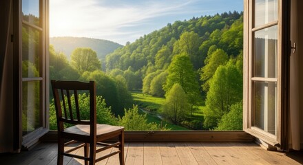 Fototapeta premium Rustic charm open window with view to forest and wooden chair inside