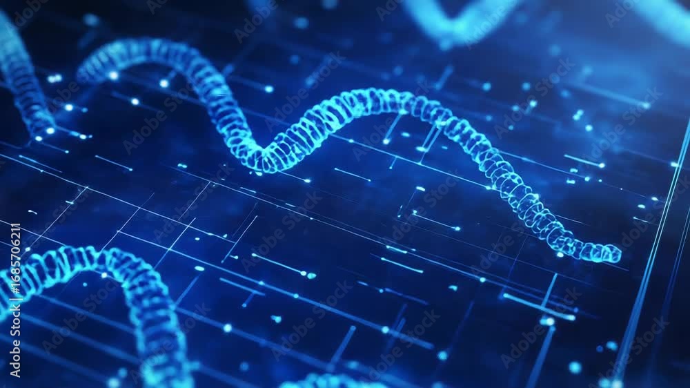Poster digital wave flowing on futuristic circuit board, big data stream, and neural network