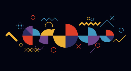 Geometric shapes arrayed in a colorful abstract pattern against a dark blue background