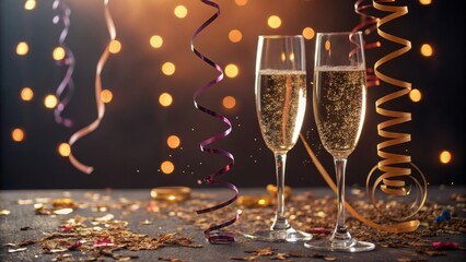 Two Champagne Flutes, Festive Lights and Confetti New Year's Celebration, New Years Eve, Party