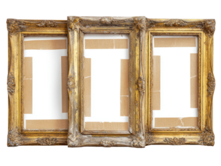Three antique gold picture frames, vertically stacked, each with brown cardboard backing tape