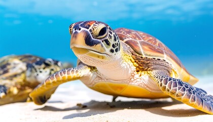 Obraz premium Underwater portrait of a sea turtle near another in bright blue sea, and tan sand
