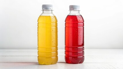Two Plastic Bottles of Refreshing Drinks Yellow and Red Beverage Concept, Photography, Product Still Life, Beverage Packaging. Beverage, Packaging