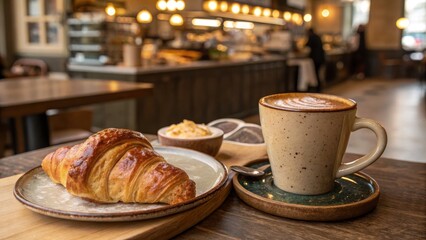 Warm Cappuccino with Croissant in Cozy Cafe, Close-up Photography, Food Styling, Coffee Shop Ambiance Coffee, Croissant
