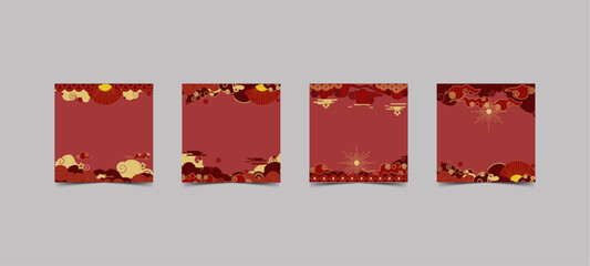 Festive Geometric Design with Floral Elements on Red Background