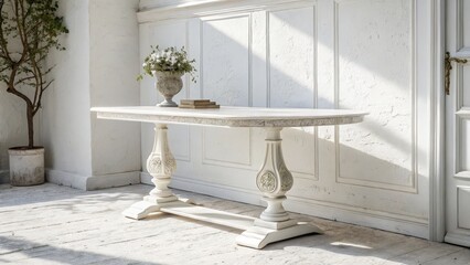 White Oval Console Table Carved Pedestal Base, Sunlit Interior, Floral Arrangement Console Table, Shabby Chic