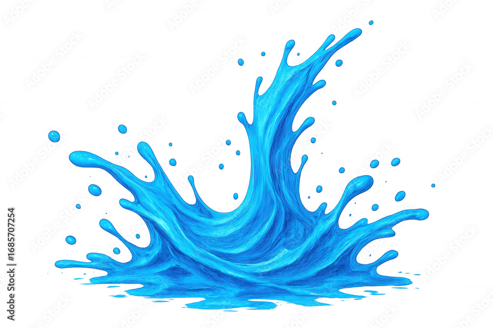 Poster water splash creating dynamic blue wave with scattered droplets, transparent backdrop highlighting l