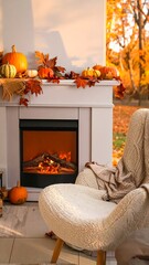 Cozy autumn fireplace scene with pumpkins and leaves