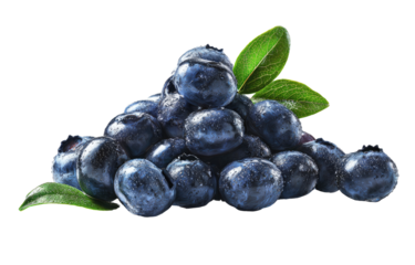 Fresh blueberries piled high, glistening with moisture, and accented by vibrant green leaves