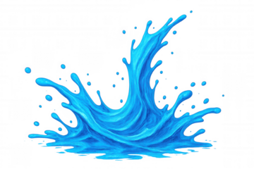 Water splash creating dynamic blue wave with scattered droplets, transparent backdrop highlighting liquid motion and fluid energy
