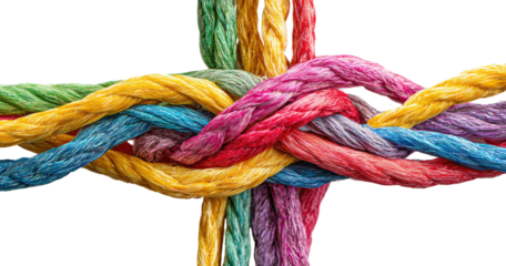 Intertwined colorful ropes forming a complex knot