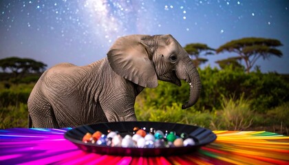 Baby elephant gazing at colorful pebbles