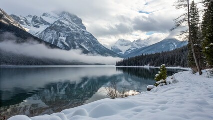 Winter Serenity Snow-Capped Mountains Reflected in Calm Lake, Landscape Photography, Winter Wonderland Lake, Mountains