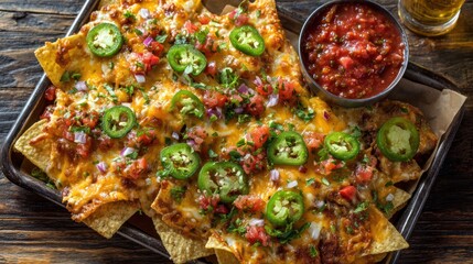 Loaded nachos with cheese, jalapenos, salsa on rustic tray