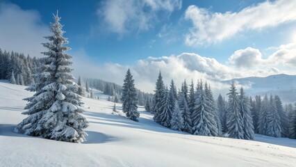 Winter Wonderland Snowy Forest Landscape, Snow-Covered Trees, Blue Sky, Composition, Winter Scenery Winter, Landscape Photography