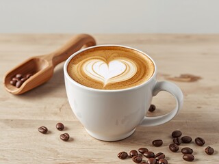 A Cup of Latte Art. Coffee, Cream, and Wooden Textures Create a Warm Visual Composition.