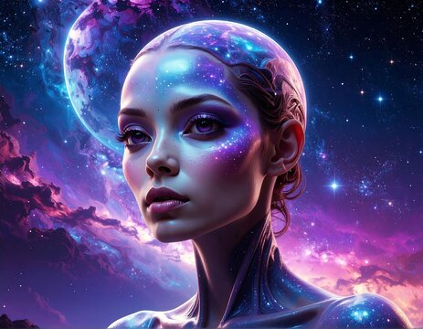 Cosmic woman, starry makeup, night sky
