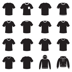 Collection of diverse black t shirt and hoodie styles with various necklines and pocket designs displayed in a grid layout