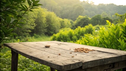 Wooden Table in Lush Green Landscape Nutshells, Bowl, Rustic Composition, Nature, Serenity, Landscape Photography Keywords Nature Photography, Landscape