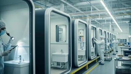 Line of bathroom pods undergoing visual inspection and surface finish check as part of quality assurance process in industrial factory.
