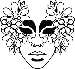 A glamorous woman with a floral headpiece and glasses has a stylish vector sketch for a summer fashion illustration