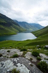 mountain landscape with lake and mountains