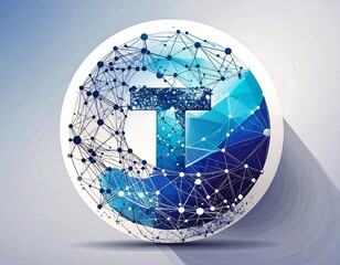 Abstract circular graphic with letter "T", network, and gradient blue tones