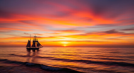 Fototapeta premium Vintage sailing ship silhouettes against a vibrant tropical sunset seascape