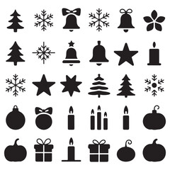 Collection of festive christmas and holiday icons including trees snowflakes bells stars candles ornaments gifts and pumpkins